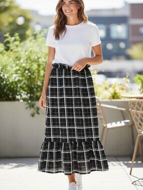 Asos Design Women's Black & White Plaid Midi Skirt With Ruffle Hem